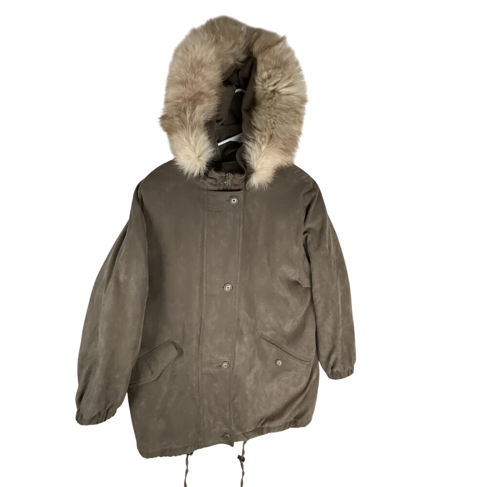 Forecaster Sport Coat Womens Medium Brown Faux Suede Parka Fur Hood Warm Zip